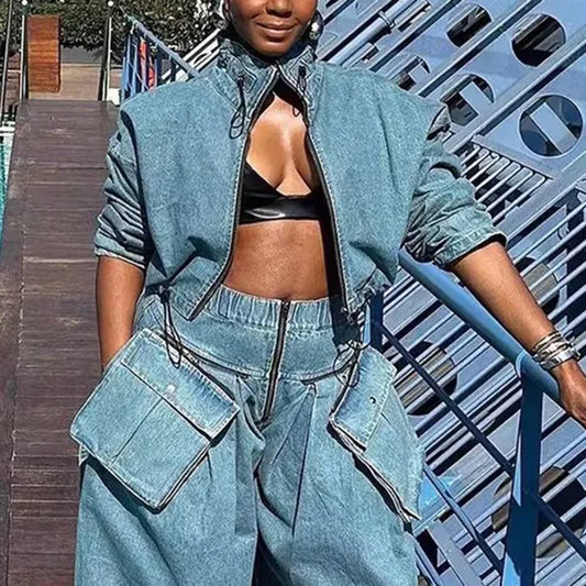 NEW Arrivals S-XL UK Size Dark Gray/Blue Women's Spring New Niche Design Sense Tooling Style Denim Jacket, High Waist Loose Short Denim Stand-Up Collar Zipper Jacket Y2K