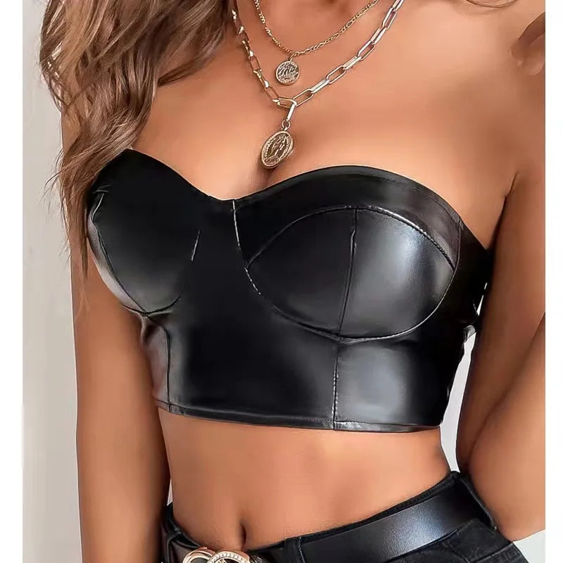 Black/Dark Brown Color S-XL Sexy Tank Top Glossy PU Leather Halter Crop Tops Women Wrap Chest Bare Midriff Camisole Sleeveless  Tube Top Female Cropped Vest