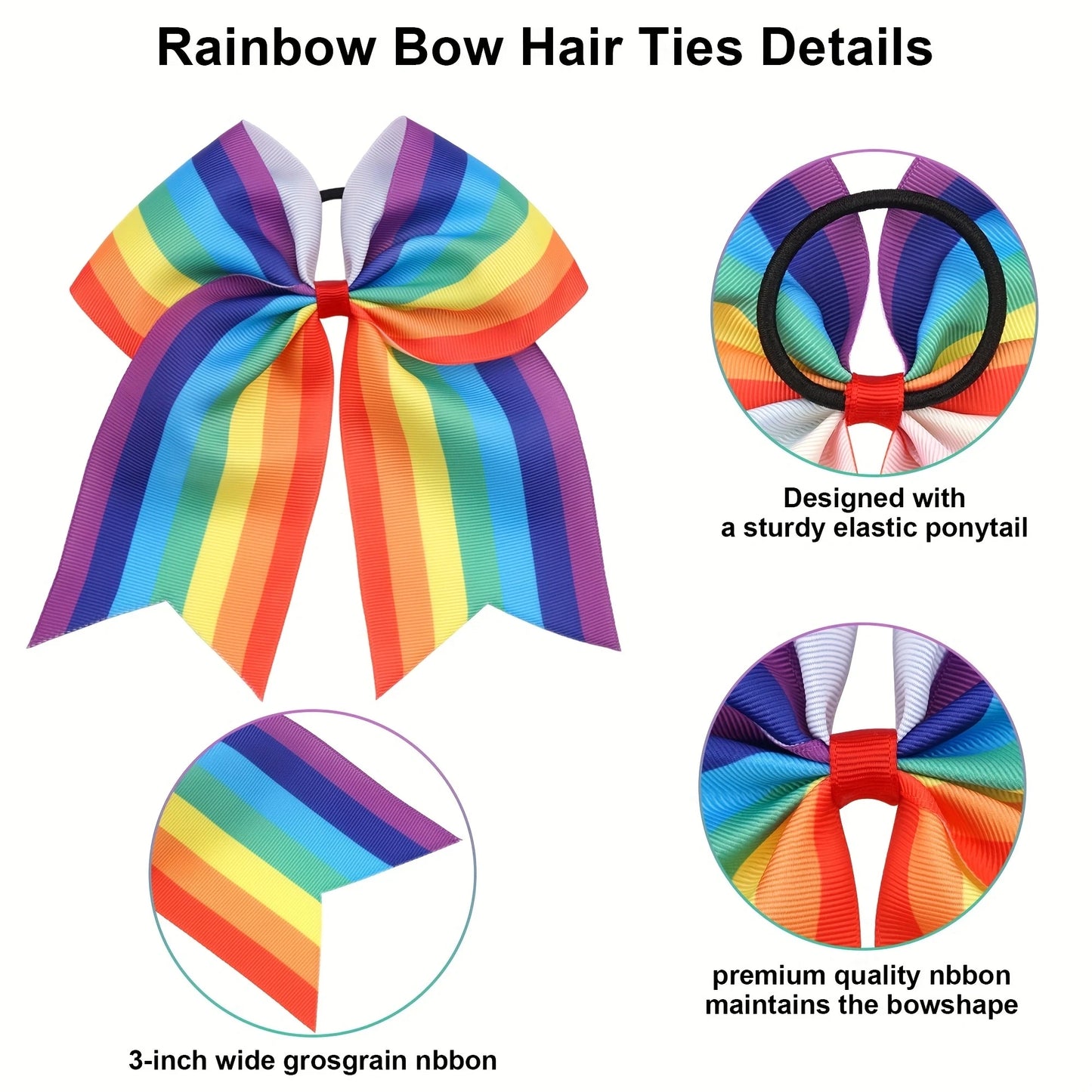 6 Pcs 8"Elastic Cheer Bow Hair bows Boutique Rainbow Grosgrain Ribbon Pigtail Holder For School Girls Teens Cheerleader