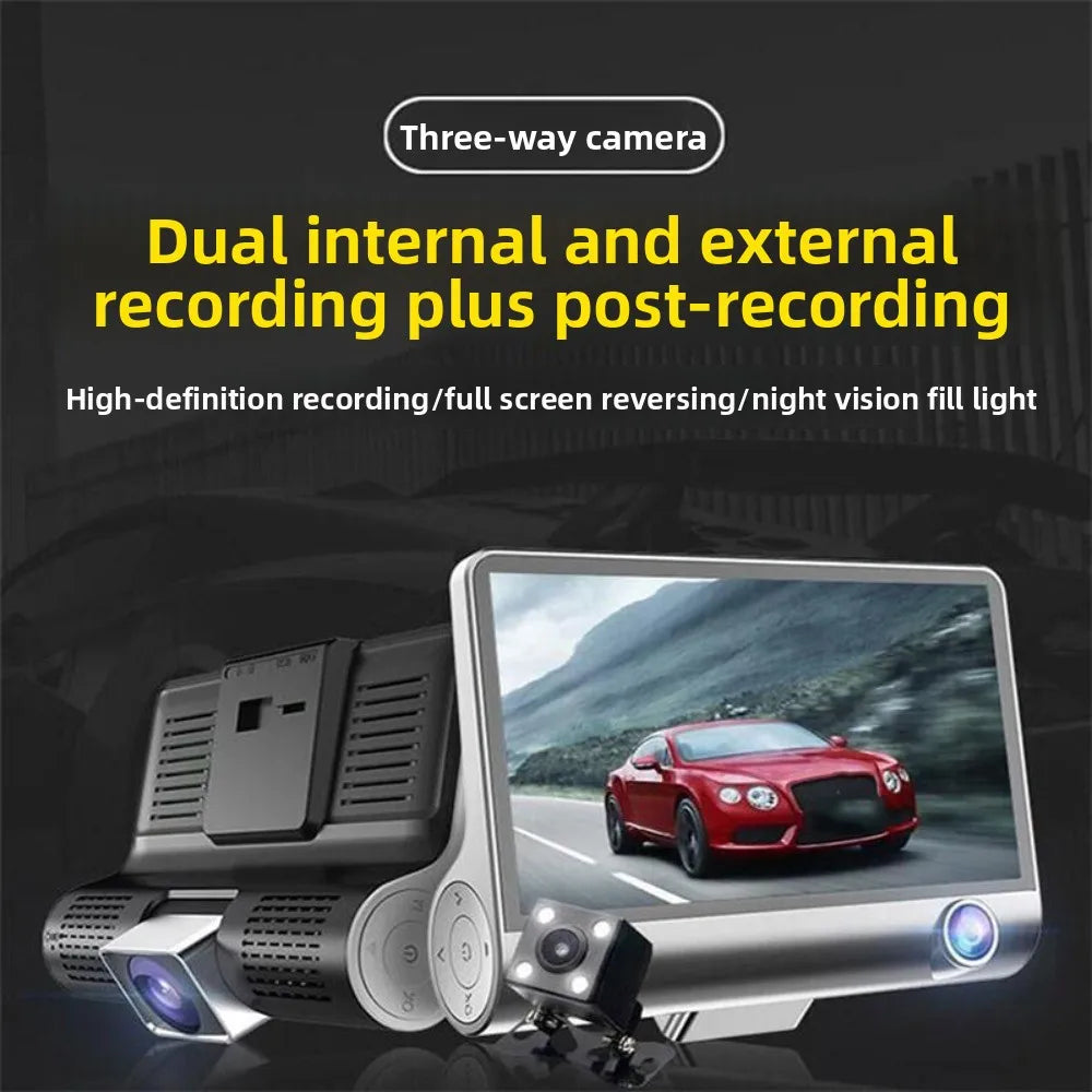 Three Lenses Car Driving Tachograph Front Rear Inside Wide Angle 24H Parking Recorder Loop Recording Night Vision Pedestrian Safety Detector Vehicles Security Accessories