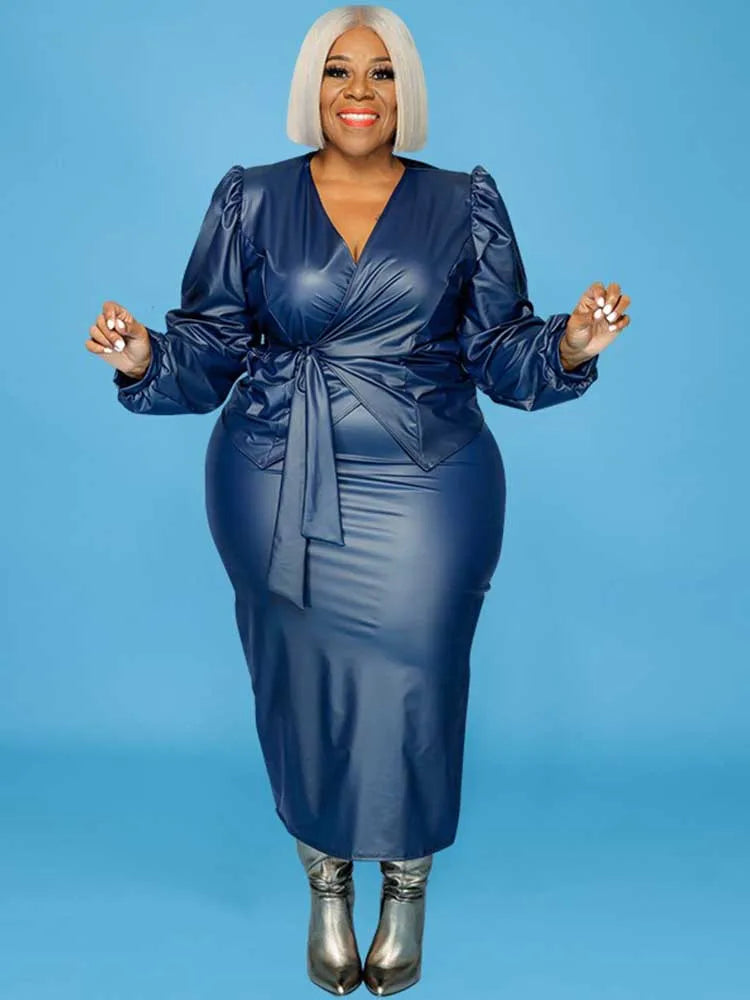 2 PCS Set XL-5XL Plus Size Blue/Black Color Curvy Women's Winter  Leather Blazer and Skirt Ladies Outfits Elegant Stretchy Top Quality PU Leather Skinny Matching Sets