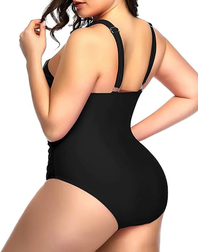 Summer Women Plus Size One Piece Swimsuits Front Cross Tummy Control Black Sexy Swimwear Backless Bathing Suit