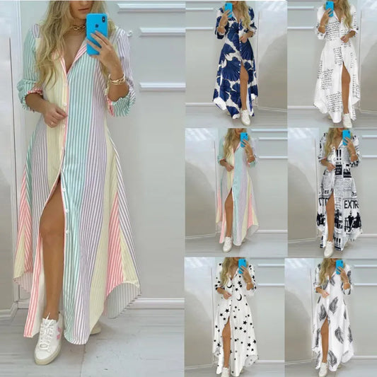 Plus Size Italian Women Printed Long Shirts Dress Summer Turn-down Collar Long Sleeve Party Dress Female Casual Evening Maxi Dresses