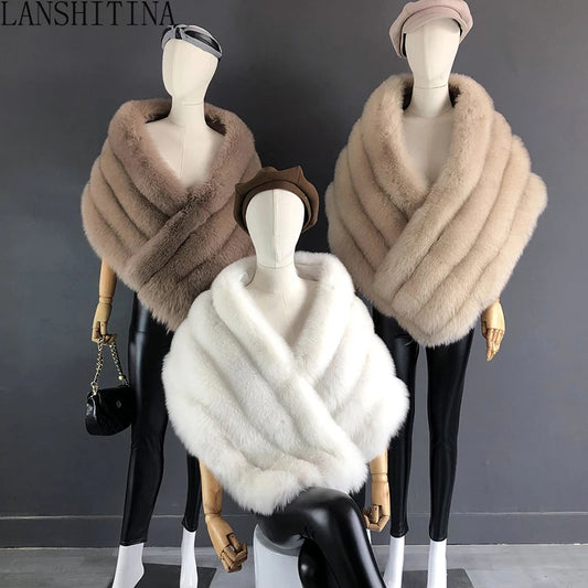 NEW Luxurious Women Ladies Real Fox Fur Shawl Vest Jacket Fluffy Fur Cape Natural Fur Poncho Fur Lady Scarf Wrap Coat Shawl Evening  Wedding Party Winter Clothes Supplies Female Fashion Clothing Accessories Products