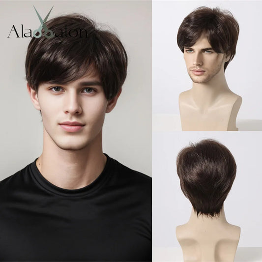 ALAN EATON Men's Dark Brown Synthetic Wig Natural Short Layered Wig Pixie Cut Hair Heat Resistant Fiber Fluffy Full Wig for Male