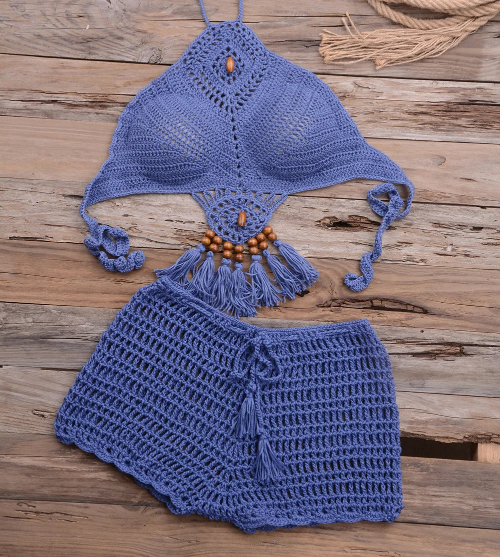 Handmade Bohemian Women Girls  Bikini 2PCS Set Crochet Knitting Mini Bra Top With Short  Swimsuit  Pareo Beachwear Suit Female Sexy Ladies Summer Beach Luxury Fashion Clothing Supplies