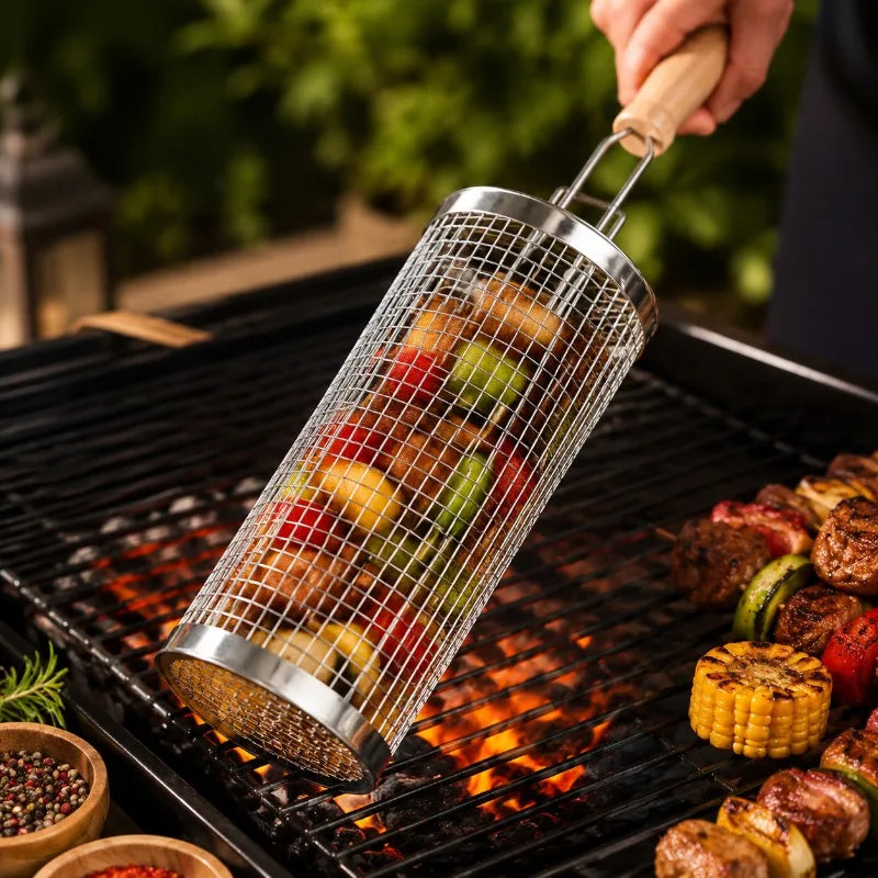Round Barbecue Grill Basket Set Stainless Steel Rolling Steel Mesh Tube Barbecue Grill with Handle Essential for Outdoor Camping