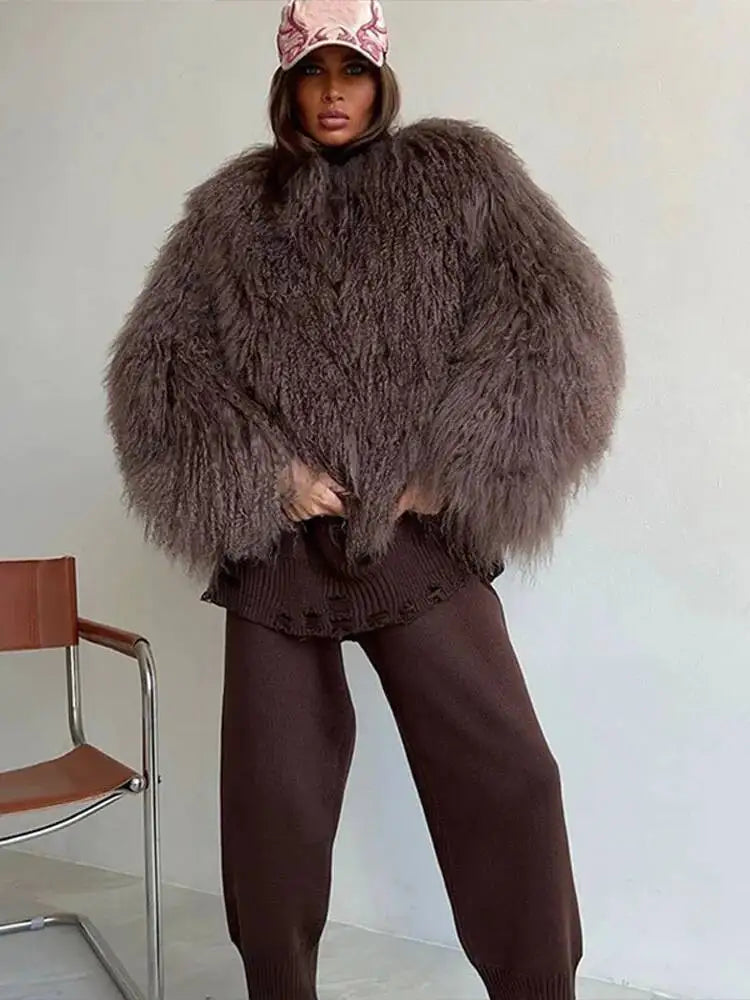 S-XL UK Size 4 Colors Fashion Brown Faux Fur Coat Women's Round Neck Loose Long Sleeves Thick Plush Short Jacket Winter New 7A1041
