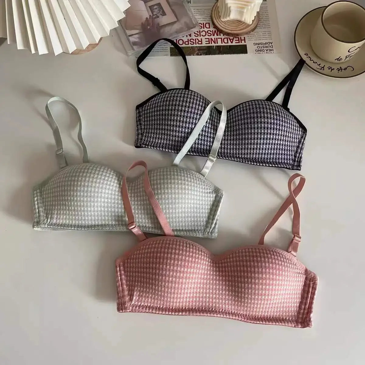 Girls Women's Plaid Comfortable Detachable Double Strap Bra No Steel Ring Bras Student Style One-piece Underwear Fashion clothing Lingerie Products