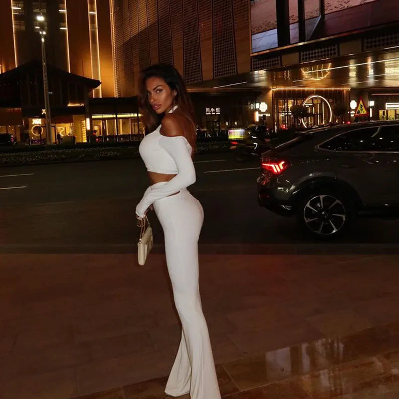2 PCS Set Black/White Color Women's Tube Top One-Word Shoulder Cross Neck Short Top High Waist Flared Pants Slim Spice Girl Suit NEW Fashion Street Trend