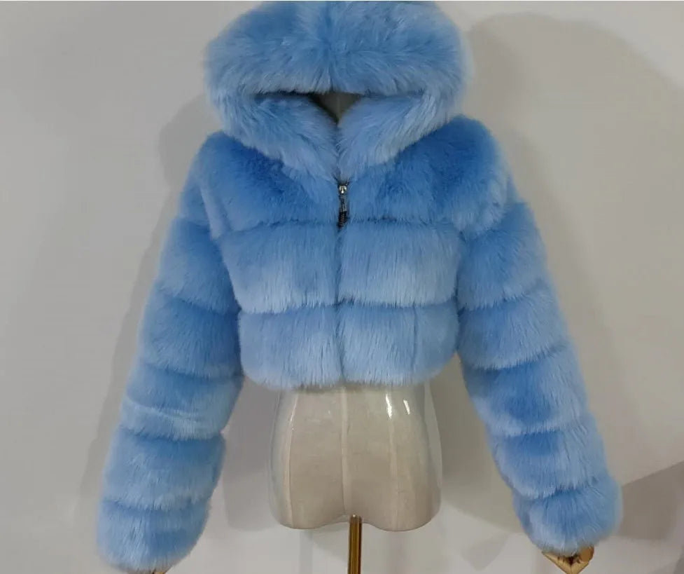 NEW Arrivals S-3XL Coffee/Dark Gray/Black Fashion Women Environmental Red Faux Fox Fur Coat with Hood Thick Warm Full Pelt Fake Fur Jacket Short Winter Woman Fur Coat Ladies Girls Luxury Fashion Clothing Supplies