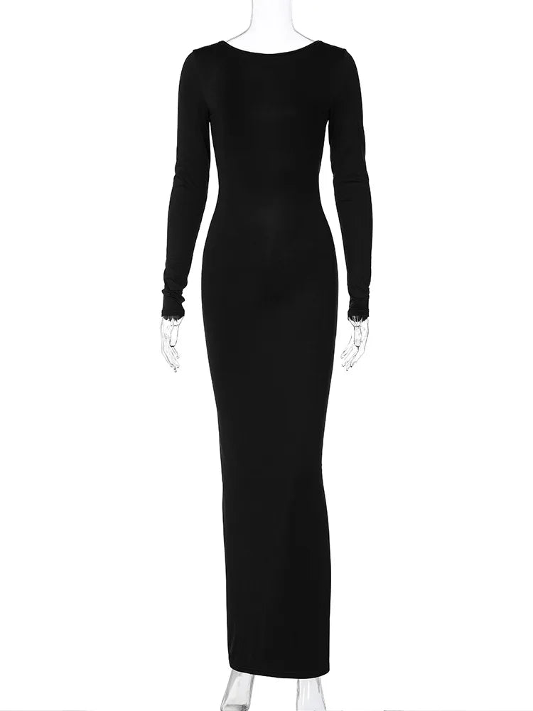 NEW Arrivals UK Size Black/Burgundy Color Sexy Hot Open Back Backless Shirring Slim Bodycon Maxi Dress Women Long Sleeved Solid Color Skinny Evening Party Dress Elegant Club Party Maxi Gown