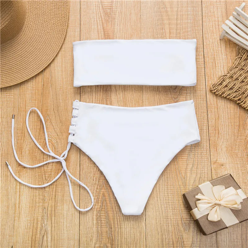 Solid color sexy tube top strap swimwear women  bikini set