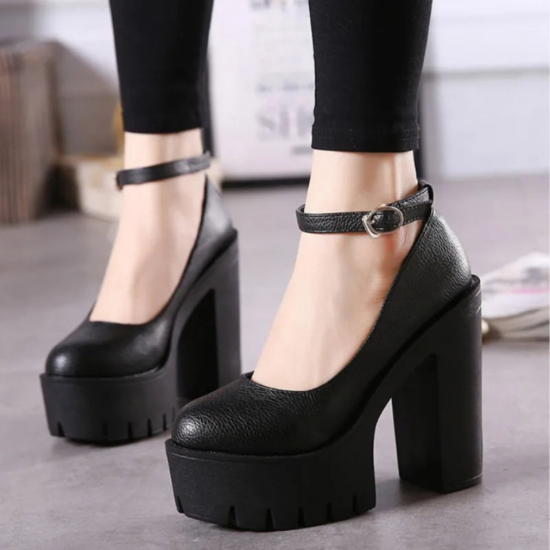 NEW Arrivals Black/White Sexy Thick-Soled Single Shoes Women's 14CM High Heels European American Fashion Buckle Women's Platform Heels Pumps Bridal Shoes Footwear Accessories