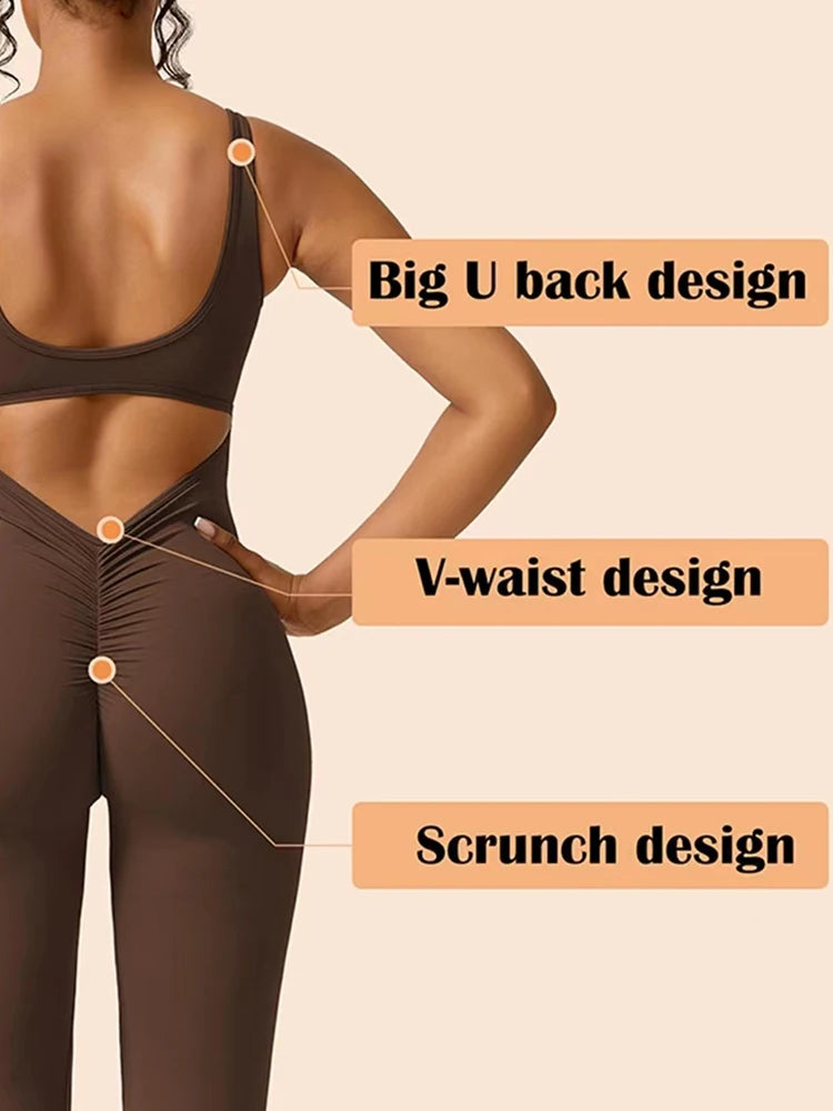 5 Colors S-XL Size Women's Fitness Flared Bodysuit Sexy Backless Fitness Tight Waistband Hipless Yoga Bodysuit V Back Waistband Hip Lift Female Apparel Sports Clothing Supplies
