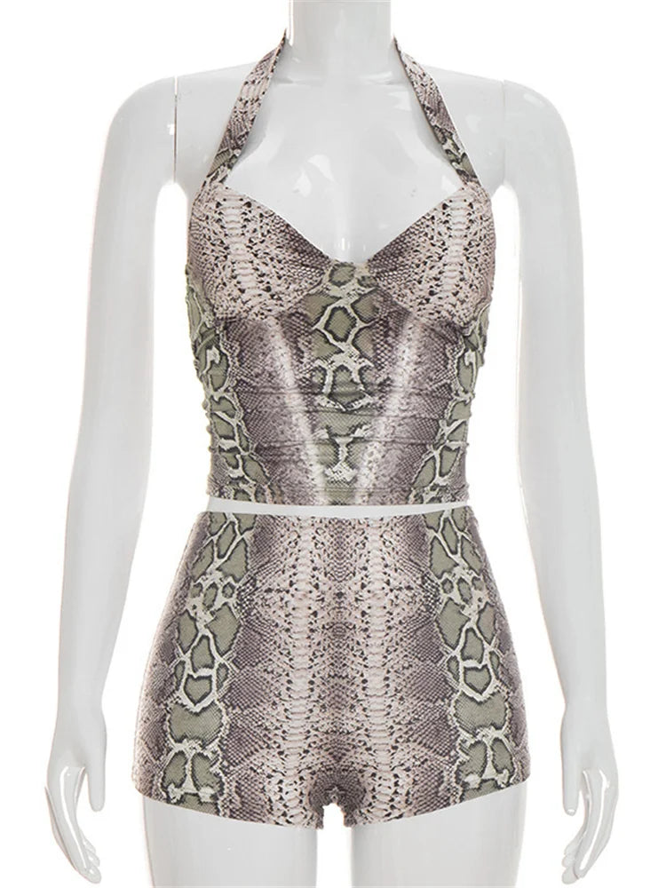 2 PCS Set 3 Colors Snakeskin Pattern Women Sexy Halter Low-Neck Backless Sleeveless Vest + Simple Mini Short Sexy Midnight Night Clubwear Hottie Suit