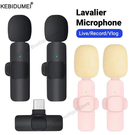 NEW Arrivals 2PCS Set Wireless Lavalier Microphone Portable Audio Video Recording Mini Microphone for iPhone Android PC Camera Live Streaming Gaming Phone Accessories