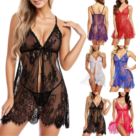 Sexy Lingerie Women Crotchless Sleepwear Pajamas Lace Night Dress Exotic Female Underwear Nightgown G-string Erotic Costumes