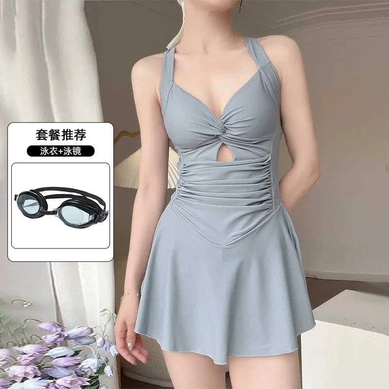 4 PCS Set Women's Swimsuit Dress + Swimming Cap + Goggles + Mobile Phones Bag + Nose Clip Earplugs Conservative Slimming Korean Style Sporty Hot Spring Swimming Suit Pure Color Skirt Style Gathered Bathing Sets
