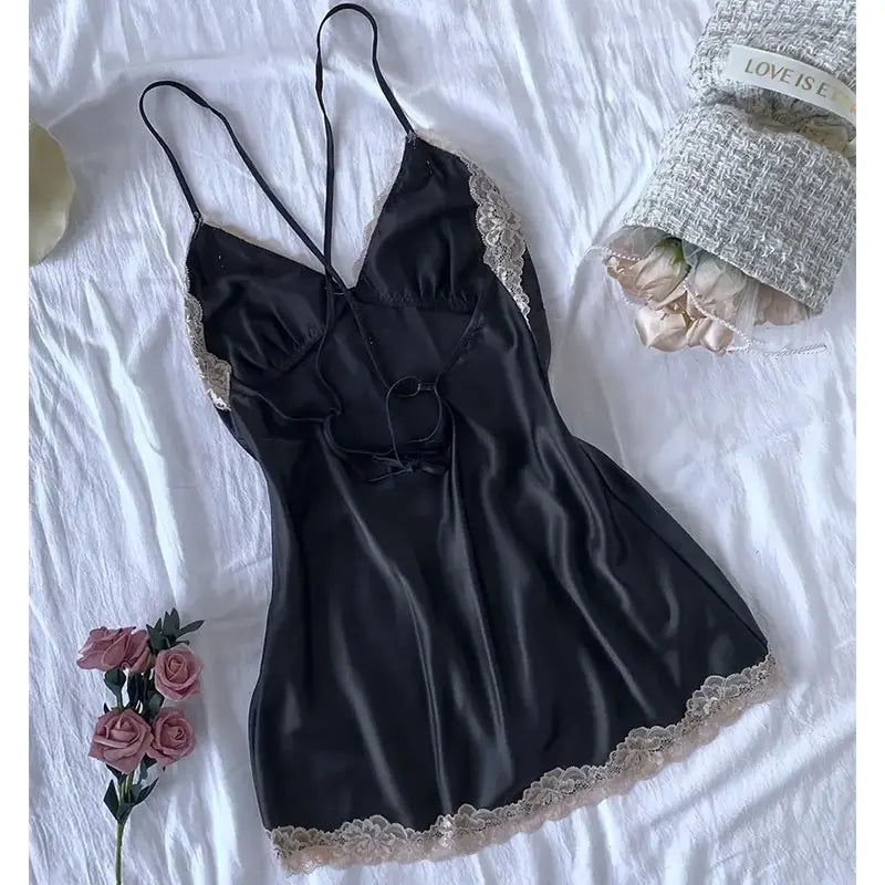 NEW S-XL 4 Colors Satin Erotic Nightdress Clothes Women Nightgowns Sexy Nightwear Lace Patchwork Lingerie Nighty Sleepwear Wedding Satin Dress Sleep Wear