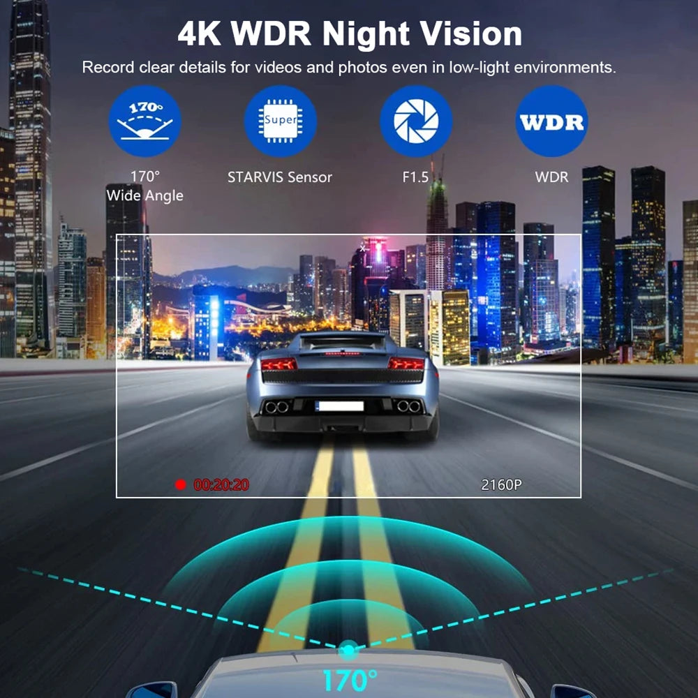 4K UHD Car GPS Dash Camera 10 Languages 64/128G DVR Night Vision Pedestrian Detector Video Recorder with GPS Wi-Fi 24H Parking Monitoring Support for Vehicle Safety Supplies