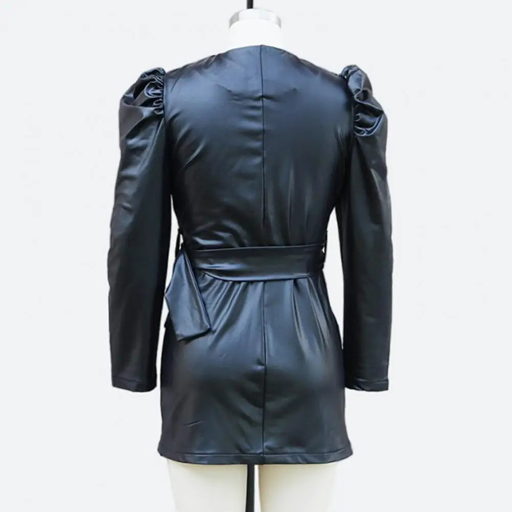 NEW Arrivals S-XL 4 Colors Summer Women Dress Smooth Faux Leather V Neck Long Bubble Sleeves Belted Waist Lady Dress Slim Fit Solid Color Mini Dress Ladies Luxury Fashion Clothing Supplies