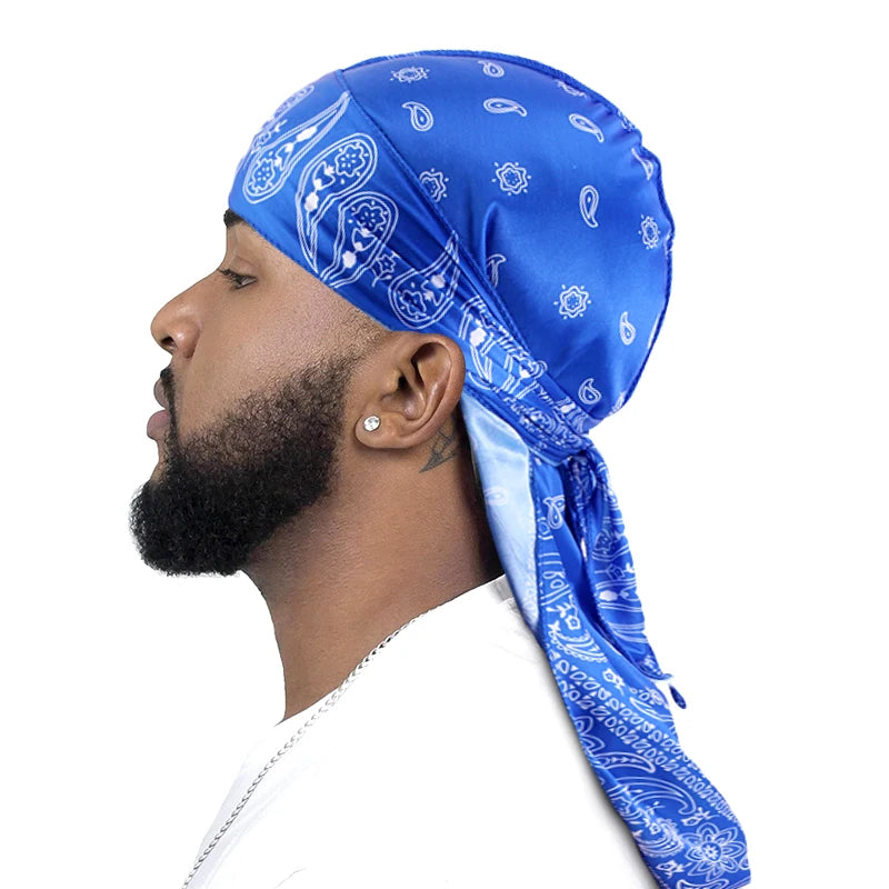 New Men Satin Paisley 8 Colors  Durag Turban Bandanas Headwear Silky Durag Doo Rag Long Tail Pirate Hat Wave Caps Hair Accessories