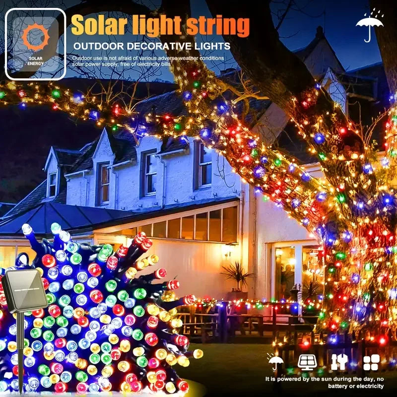 NEW Arrivals 12M-100LED Solar Powered LED String Lights for Outdoor Christmas Garden Patio Balcony 8 Lighting Modes Waterproof Flickering Effect Light Christmas New Year Eve Accessories Supplies