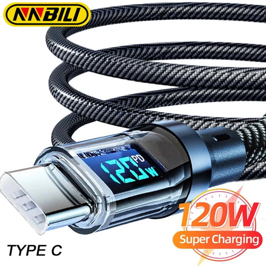 NEW Arrivals 120W  2M Type C to Type C Cable Mobile Phone Super Fast Charging Cable With LED Display USB To Type-C Data Cord  Computer Accessories Electronic Supplies