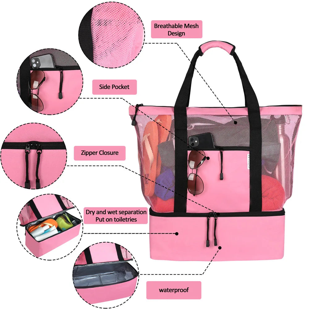 Heat Preservation Picnic Beach Bag Women Mesh Transparent Double-layer Swim Storage High Capacity Shopping Waterproof Bags Tote