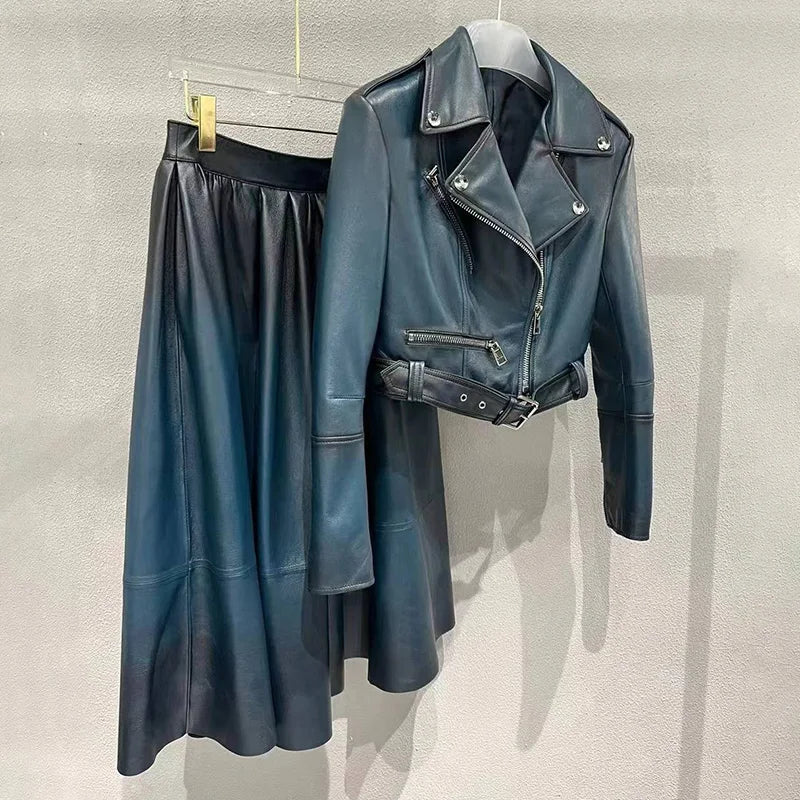 Lady Real Leather Jackets Fashion Motocycle Leather Coat Women Sheepskin Skirt Spring Autumn Sets Female Clothing GT5463