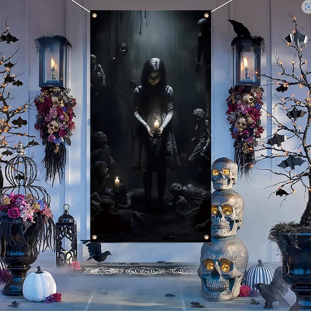 During Halloween to Celebrate the Holiday Season, Spooky Decorations - Spooky Halloween Banners with Ghosts and Candles Haunted House Decoration Supplies