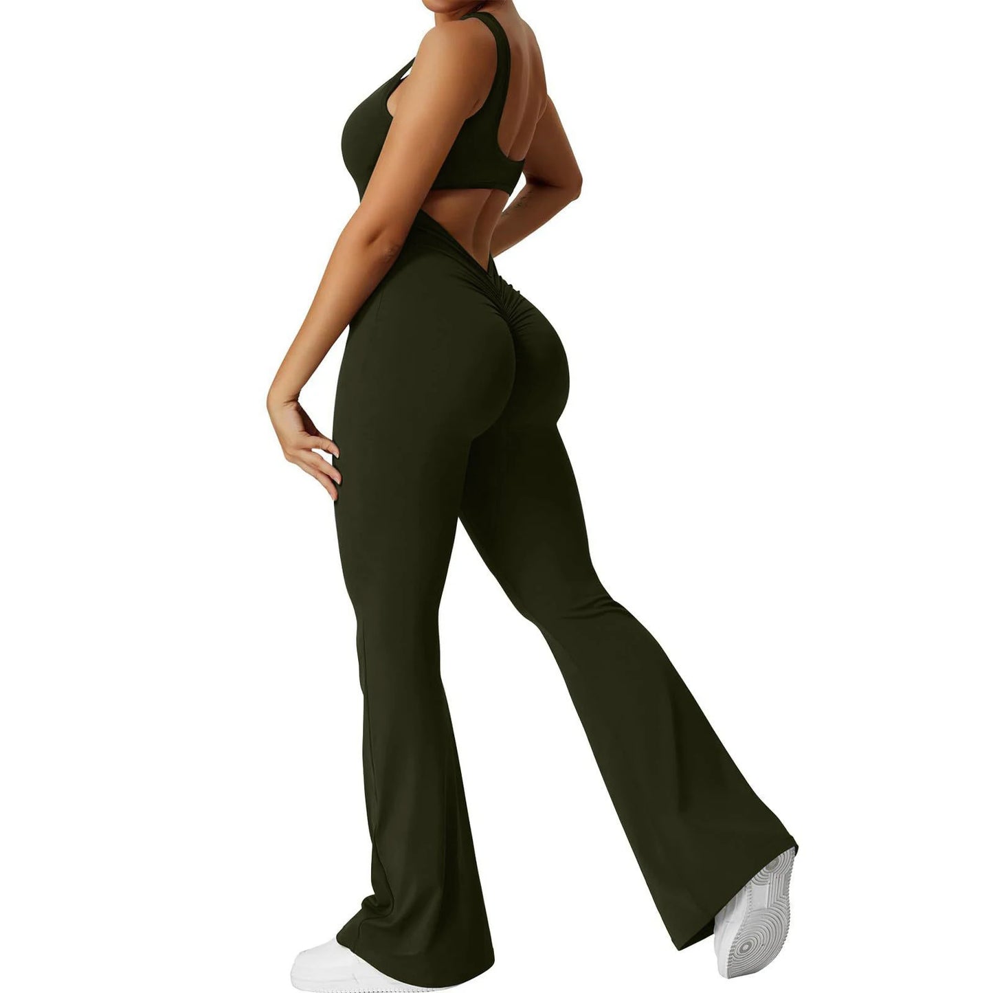 5 Colors S-XL Size Women's Fitness Flared Bodysuit Sexy Backless Fitness Tight Waistband Hipless Yoga Bodysuit V Back Waistband Hip Lift Female Apparel Sports Clothing Supplies