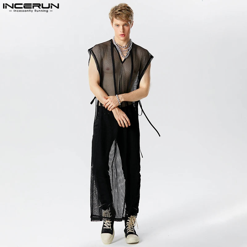 Stylish Casual Style Tops INCERUN Men's Sexy See-through Mesh Long-style Tank Tops Male V-neck Strap Sleeveless Thin Vests S-5XL