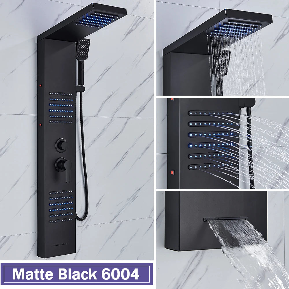 Silver Nickel and Black Color Luxury Massage Spa Shower Column LED Lights Rainfall Bathroom Faucet with Massage Jet Bath Panel System  5 Modes Waterfall Hot Cold Mixer Tap Home Hotels Bathroom Supplies