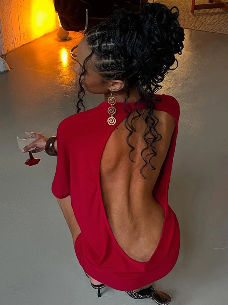 Black/Red Color Solid Sexy Backless Women Mini Dress Trend Summer Evening Bach Party Night Clubwear Prom Sexy Chic Half Sleeve Crew Neck Body-Shaping Frock Party Outfits