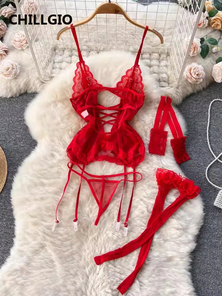 Women Transparent Floral Lace Bra Brief Suit Fashion Tight Erotic Underwear 3 Piece Sexy Intimate Lingerie Stocking Set