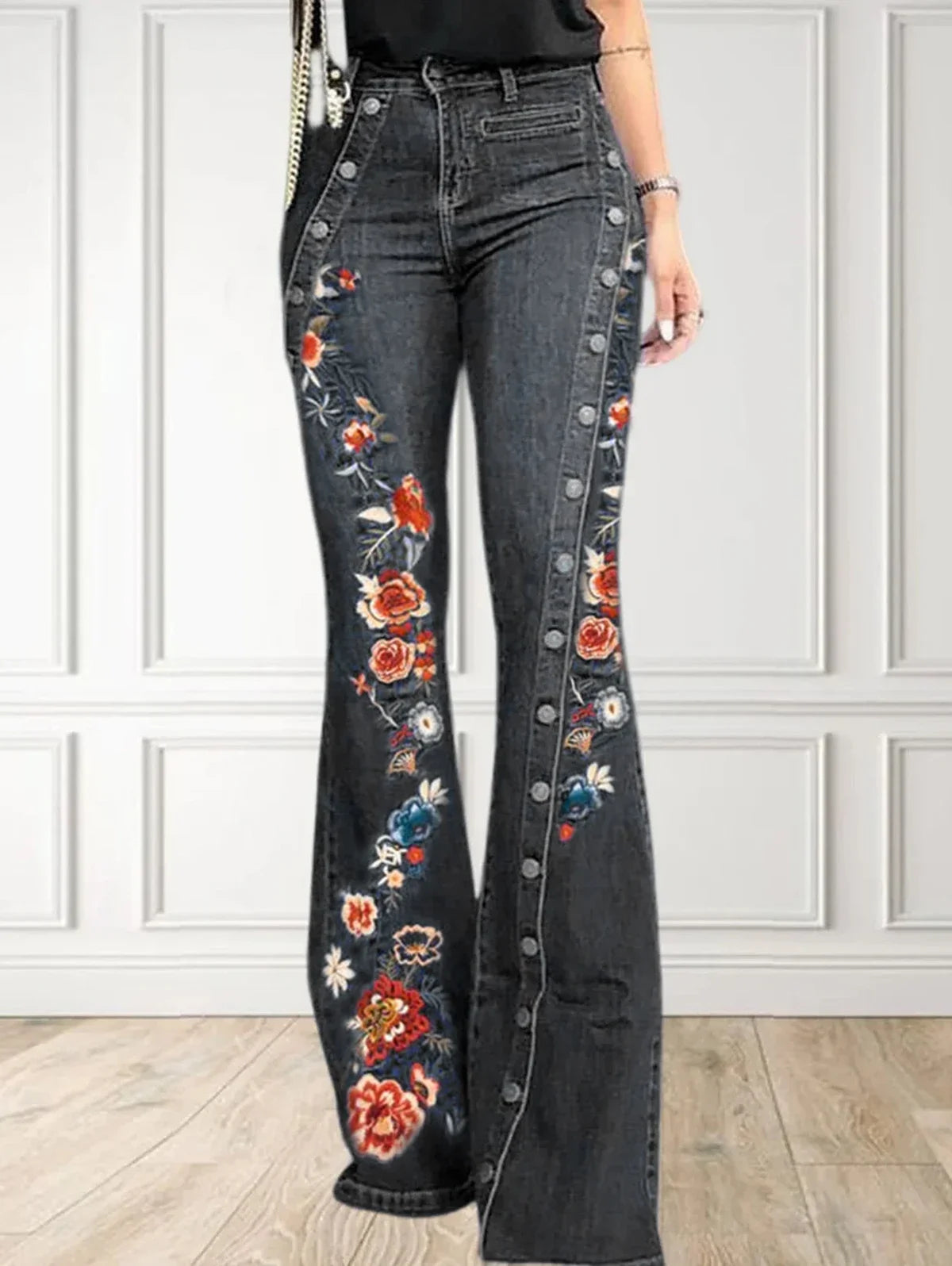 Women Flare Pant High Waist Slim Denim Casual Chic Vintage Skinny Trousers Y2K Fashion Floral Embroidery Button Flare Leg Jeans