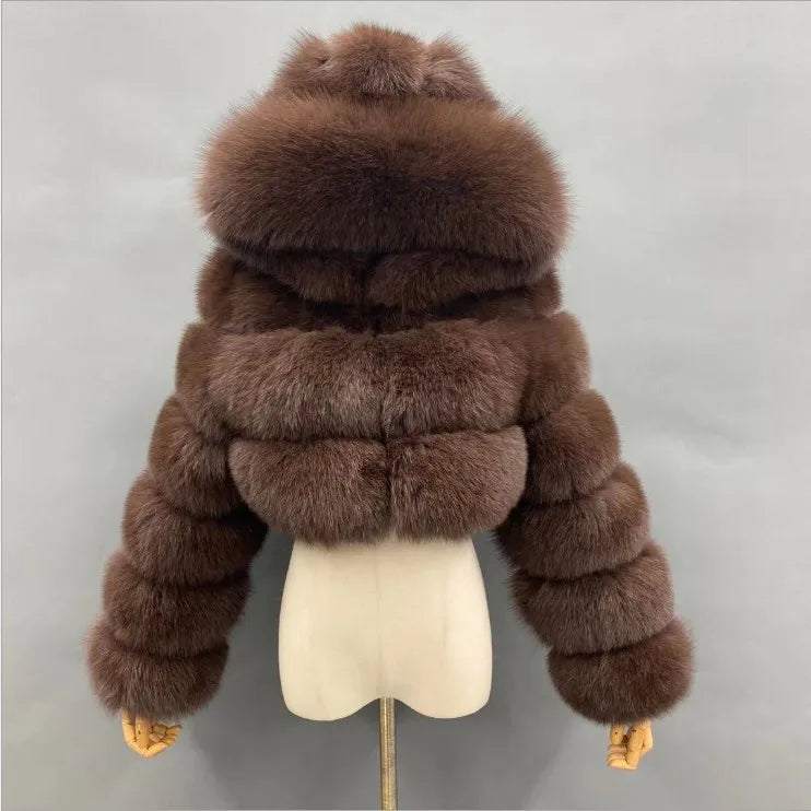 NEW Arrivals S-3XL Coffee/Dark Gray/Black Fashion Women Environmental Red Faux Fox Fur Coat with Hood Thick Warm Full Pelt Fake Fur Jacket Short Winter Woman Fur Coat Ladies Girls Luxury Fashion Clothing Supplies