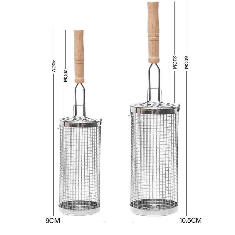 Round Barbecue Grill Basket Set Stainless Steel Rolling Steel Mesh Tube Barbecue Grill with Handle Essential for Outdoor Camping