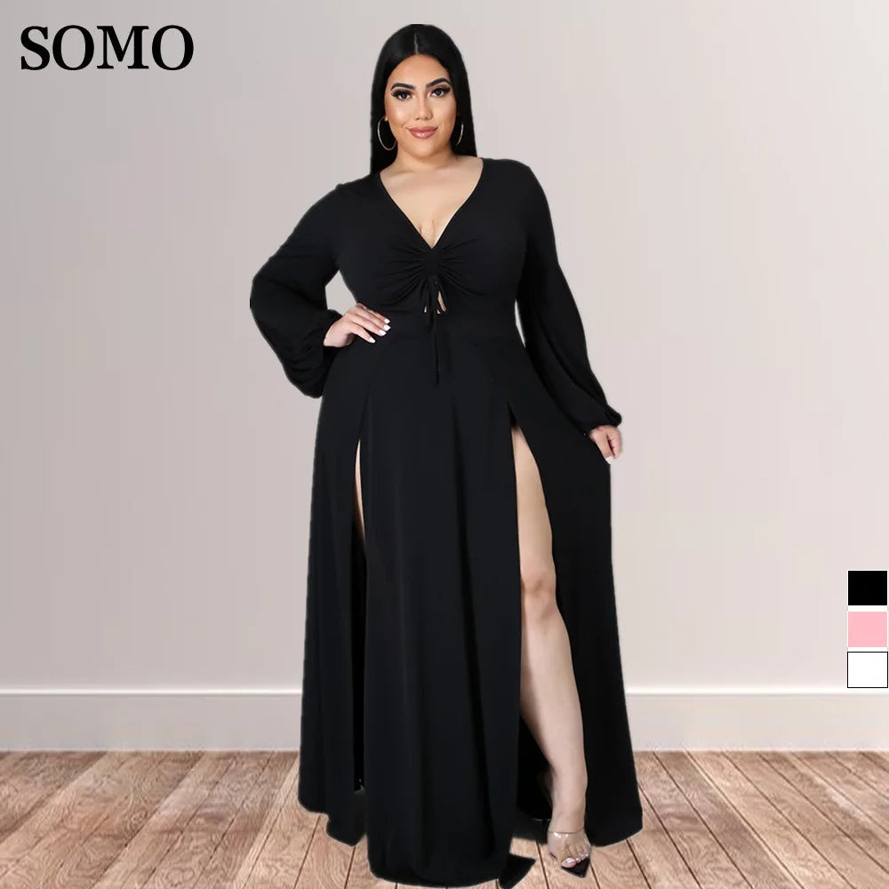 NEW Arrivals XL-5XL Plus Size Elegant Women Lace-Up V-neck Long Sleeve Sexy Plus Size Dresses 5xl Solid Color Split Fork Summer Clothes