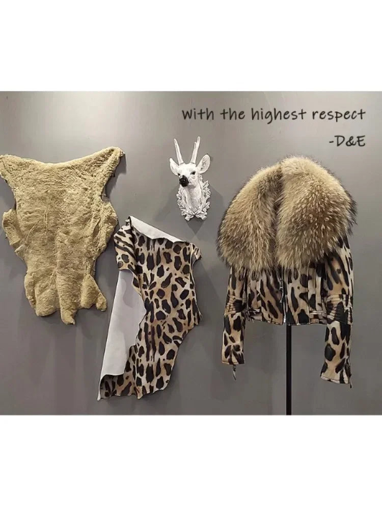 NEW Arrivals S-3XL  Real Raccoon Fur Collar Luxury Winter Women Genuine Leather Short Brand Women Sheepskin Leopard Motorcycle Jacket Big Fur Collar Slim