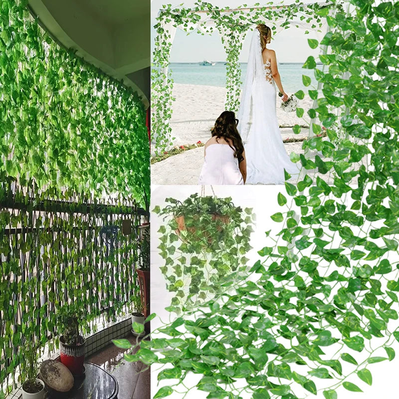 10M-105M 50 Strings Artificial Vine Leaf Decoration Vine Plants Hanging Outdoor DIY Fake Green Ivy Leaf Garland Rattan Wedding Garden Creeper Grapes Watermelon Begonia Sweet Potatoes Leaves