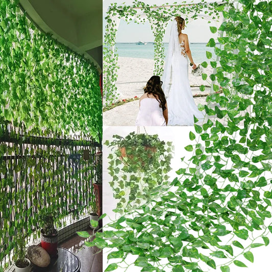 10M-105M 50 Strings Artificial Vine Leaf Decoration Vine Plants Hanging Outdoor DIY Fake Green Ivy Leaf Garland Rattan Wedding Garden Creeper Grapes Watermelon Begonia Sweet Potatoes Leaves