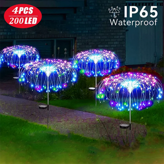 NEW 4PCS Set 200LED LED Solar Fireworks Lights Outdoor Grass Globe Dandelion Lamp for Garden Lawn Landscape Lamp Holiday Light