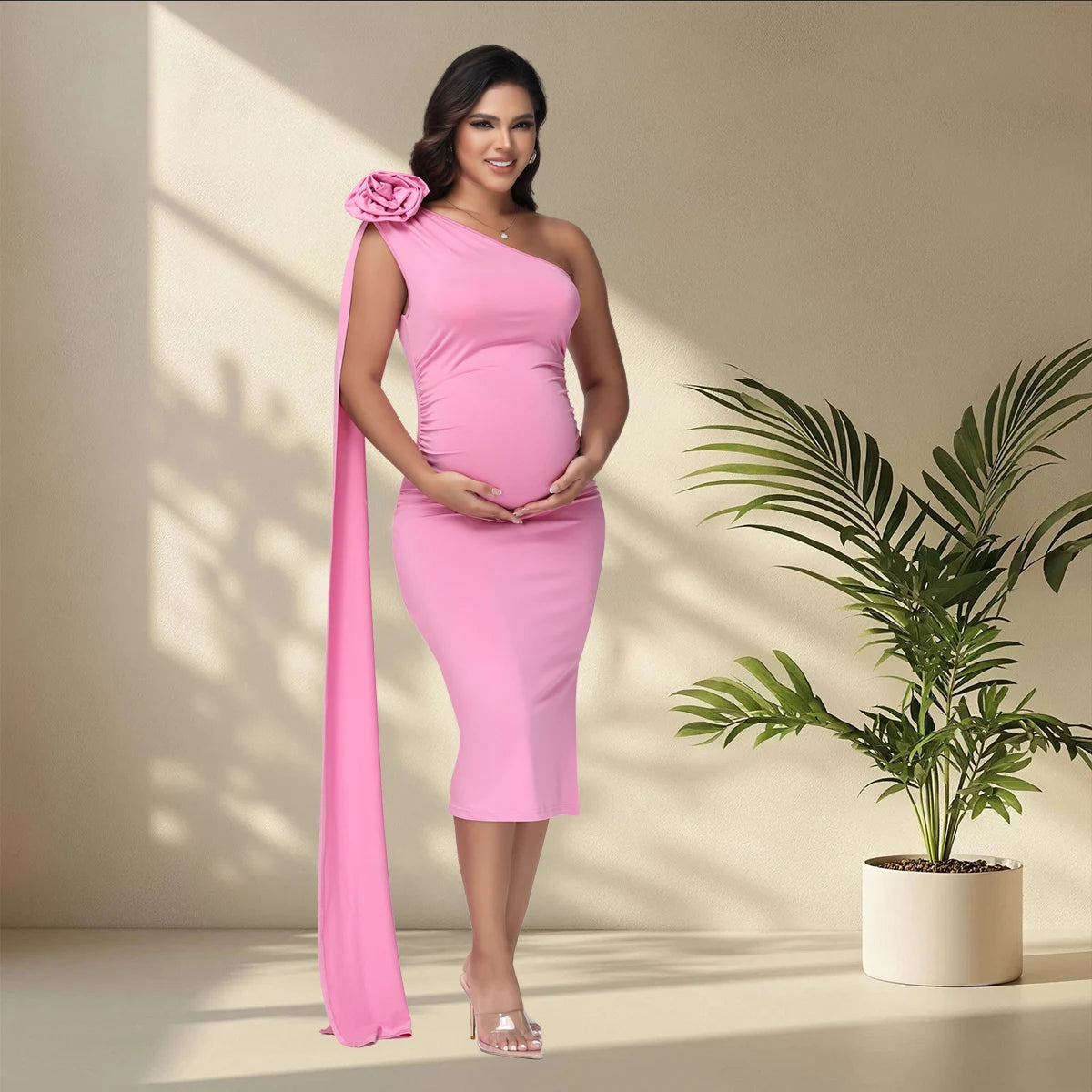 NEW S-XL Maternity Pink One Shoulder 3D Floral Floating Sleeve Bodycon Summer Midi Dress for Baby Shower Photoshoot Evening Party Formal Dress