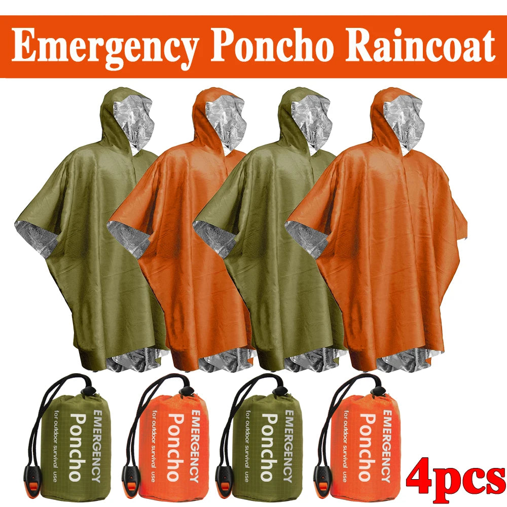 4 PCS Set Emergency Water Proof Raincoat Aluminum Film Disposable Poncho Cold Insulation Rainwear Blankets Survival Tool Camping Equipment