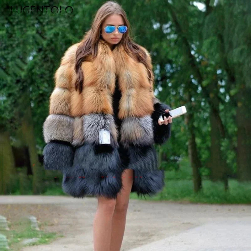 BIG SAVE "S-4XL" Luxury High Quality Women Long Faux Fur Coat Winter Snow Streetwear Fashion Supplies Large Size Thick Warm Fur Jacket Yellow and Black Contrast Stitching Cardigan Cloth Girls Office Ladies Winter Luxury Fashi