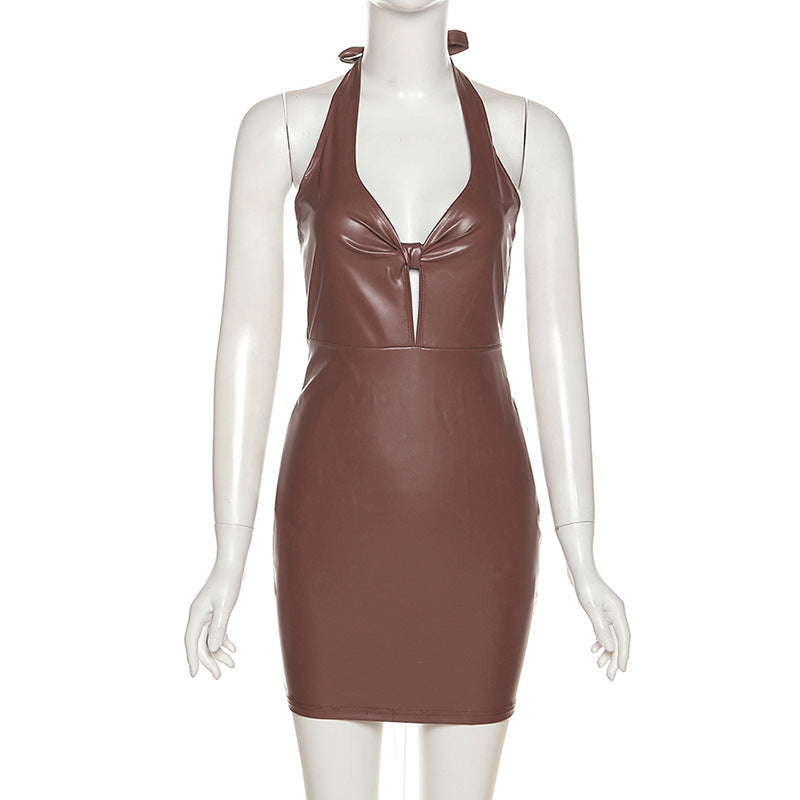 Black and Brown Color Sexy Deep V Neck Wrap Chest PU Leather Slim Bodycon Dress Women Backless Sleeveless Mini Dress Elegant Night Club Evening Party Sexy Dress