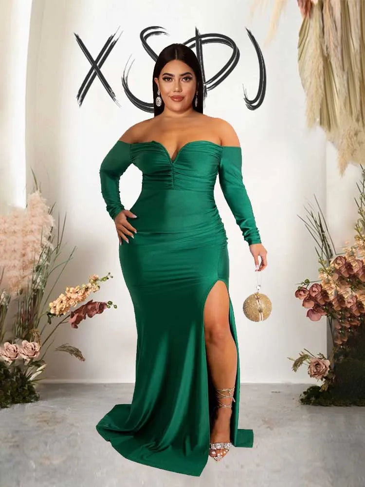NEW Arrivals XL-4XL UK Size Green/Red/Black/Blue Curvy BBW Women Elegant Luxury Off The Shoulder Dress Strapless Long Sleeve Evening Party Wedding Birthday Dress Spring Plus Size Female Side Slit Dress